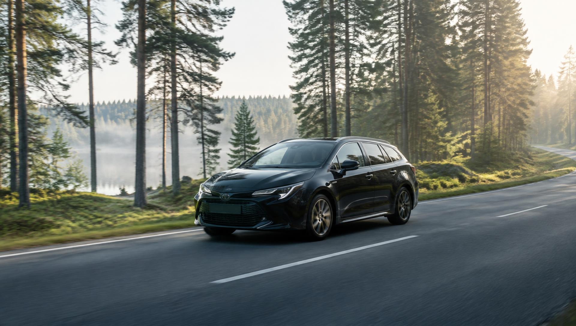 Black Toyota Corolla Hybrid estate driving through a green Baltic forest